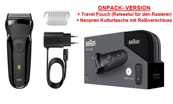 Braun Series 3 300s Rasierer Clean & Close schwarz ONPACK Neopren Kulturtasche und Reiseetui