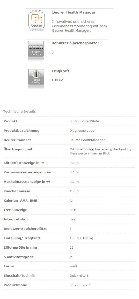 Beurer BF 600 Diagnosewaage bis 180kg Pure White