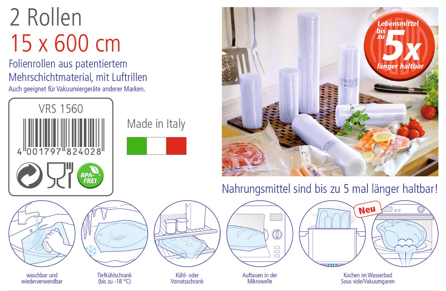 Rommelsbacher VRS 1560 Folienrolle 2 Rollen 15x600 cm für Vakuumierer