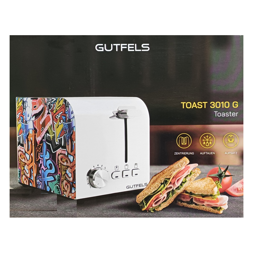 GUTFELS TOAST 3010 G 2-Schlitz Toaster im Graffiti Look und Brötchenaufsatz 